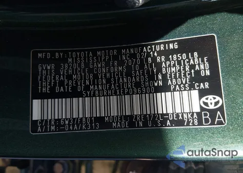 2014 Toyota Corolla Le Plus from USA, damaged, VIN 5YFBURHEXEP096900